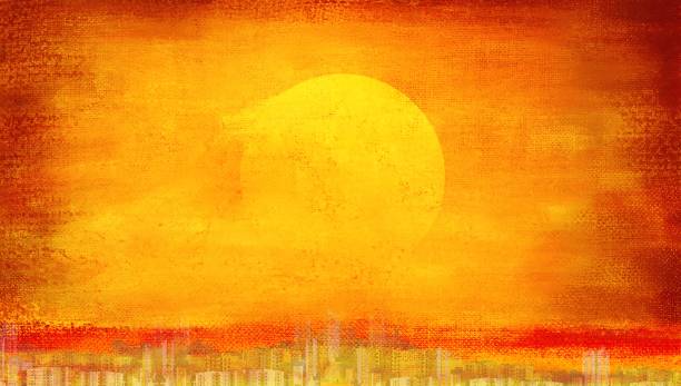 Fantastic horizontal background with a star disk over the city, made in the technique of painting