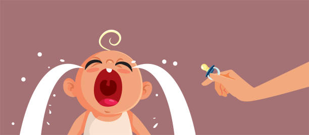 elternteil gibt einem weinenden baby einen schnuller vektor-cartoon-illustration - beißring stock-grafiken, -clipart, -cartoons und -symbole