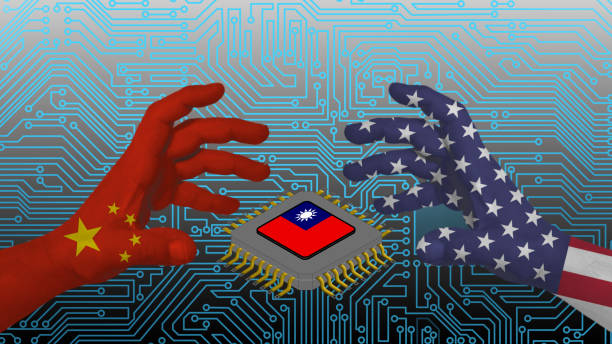 China and the US try to take Taiwan's semiconductors, the real reason for the war. In the background a stylized electric board China and the US try to take Taiwan's semiconductors, the real reason for the war. In the background a stylized electric board taiwan stock illustrations