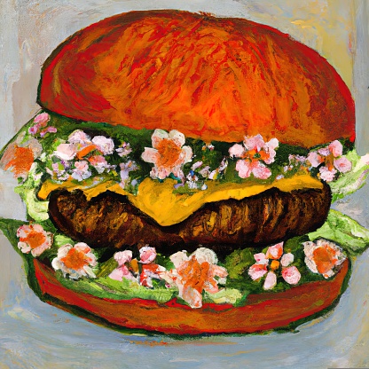 a colorful painting of a cheesburger decorated with flower blossoms