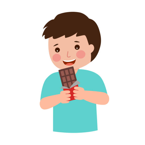 Cheerful boy child eating sweet chocolate in flat design on white background. vector art illustration