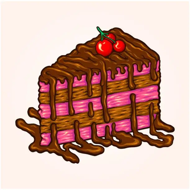 Vector illustration of Delicious birthday cherry cake slice monochrome illustration