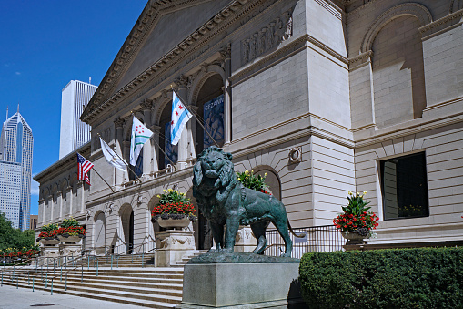 Chicago, USA - August 31, 2022:  The front steps to the entrance of the Art Institute, a gallery of fine arts in Chicago