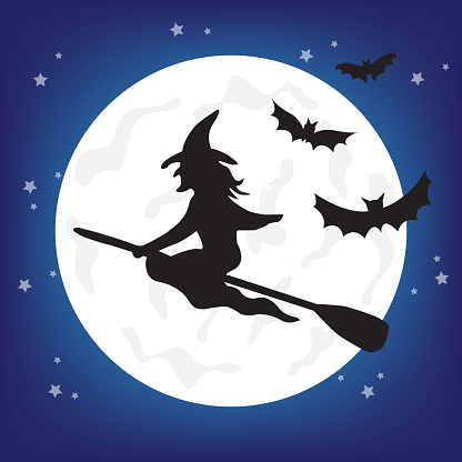 Vector witch silhouette over the Moon. Halloween illustration of mysterious night with full moon and flying witch.