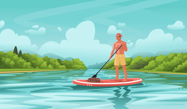 Happy athletic man holds a paddle in his hands and stands on a sup board. Summer active rest on the sea or river Happy athletic man holds a paddle in his hands and stands on a sup board. Summer active rest on the sea or river. Sup boarding. Vector illustration in flat style paddleboard stock illustrations