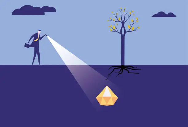 Vector illustration of Business man finds gems under dirt with flashlight