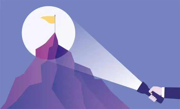 Vector illustration of Use a flashlight to search for a target at the top of the mountain