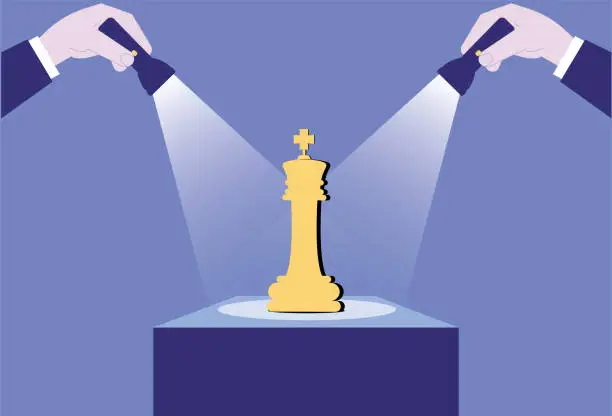 Vector illustration of Two flashlights illuminate chess on the podium