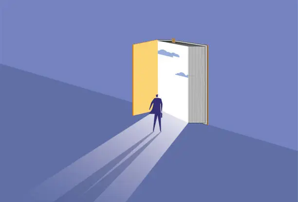 Vector illustration of ,Business man pushes open the door of knowledge