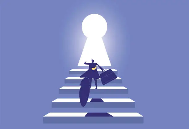 Vector illustration of Business man climbing the steps and running towards the keyhole door