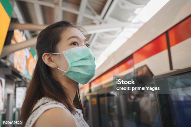 Asian Woman Passenger With Casual Suit Using The Social Network Via Smart Mobile Phone In The Bts Skytrain Rails Or Mrt Subway For Travel In The Big City Lifestyle And Transportation Stock Photo - Download Image Now