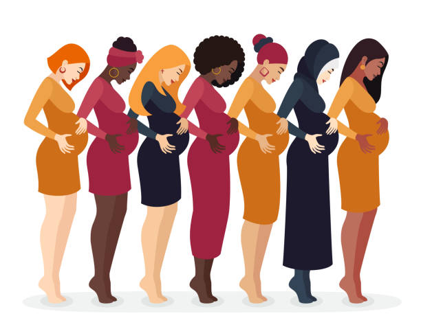 ilustrações de stock, clip art, desenhos animados e ícones de pregnant women group of different ethnicity. - dress human pregnancy young women women