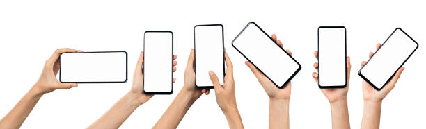 istock Set of hand holding smartphone isolated on white background. Clipping path. 1420655819