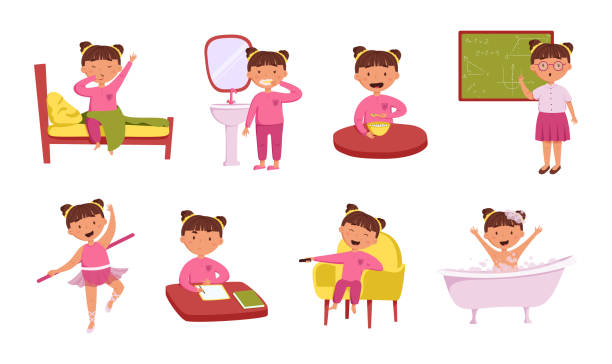 illustrations, cliparts, dessins animés et icônes de ensemble de vecteurs de routine quotidienne des enfants. jolie fille joyeuse se réveille et se brosse les dents, étudie à l’école, fait ses devoirs, bain du soir - little girls only child babies and children people