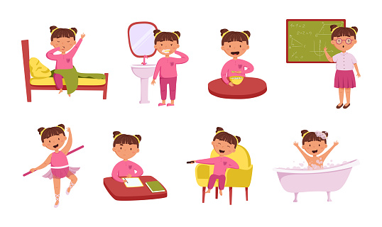 Children's daily routine vector set. Illustrations of a cute cheerful girl wakes up and performs routine daily activities. Scheduler. Brushing teeth, studying at school, ballet class, homework, rest, evening bath. Ideal for children's calendars, posters, day planners and diaries.