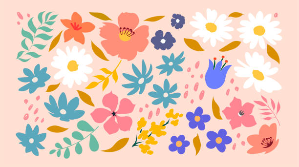 stockillustraties, clipart, cartoons en iconen met set of hand drawn leaves, flowers and plants. abstract contemporary modern trendy vector illustration. perfect for posters, invitations, covers, instagram posts, stickers. - bloem
