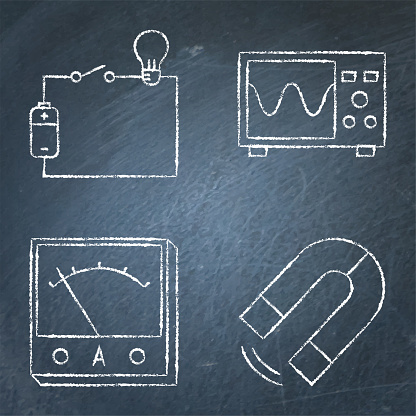Physics icon set on chalkboard. Electric circuit scheme, magnetic force, ammeter and oscilloscope symbols. Vector illustration.