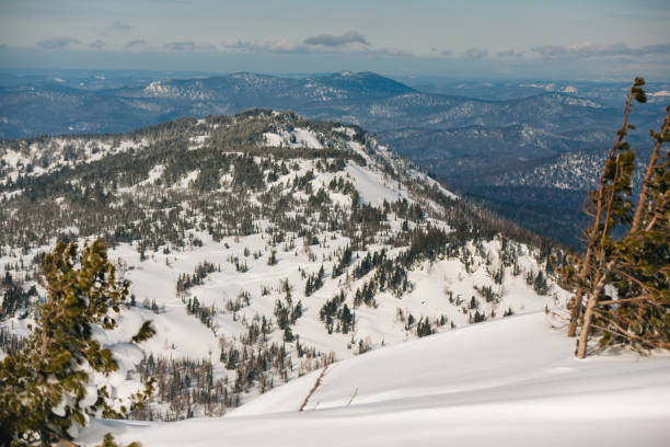 Sunset on mountain ranges overgrown with coniferous forest, evening light Sunset on mountain ranges overgrown with coniferous forest, evening light with snow. The mountain tops cast shadows. Winter scene with snow and sunset. Amazing natural landscape. Sheregesh stock pictures, royalty-free photos & images