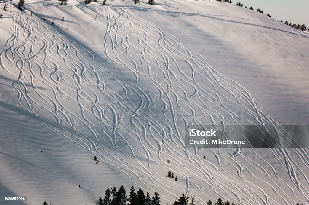 Snowy off-piste ski slope with traces of skis and snowboards on a winter day Snowy off-piste ski slope with traces of skis and snowboards on a sunny winter day in Sheregesh Accidents and Disasters Stock Photo