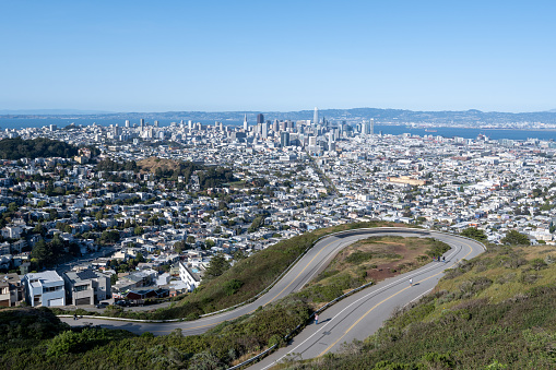 Panoramic view of San Francisco and Mount Sutro from the summit of Corona Heights Park in San Francisco, California.