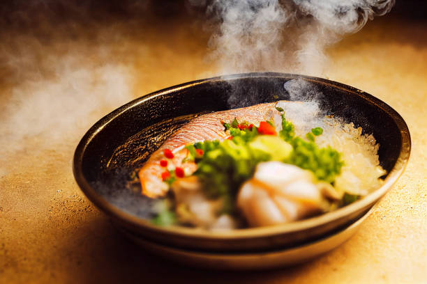 A gold theme table and bowl with a  delicious steaming hot fish dish and vegetables