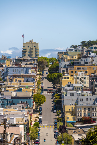 Aerial view overlooking residential houses in a San Francisco neighbourhood, California, USA. Seen a warm summer day.