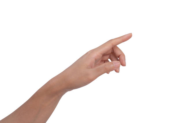 istock Woman hand pointing something isolated on white background 1420661131