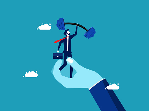 Support Strength Icon Support Strength Businessman Holding Dumbbells On Support Hand Vector ...