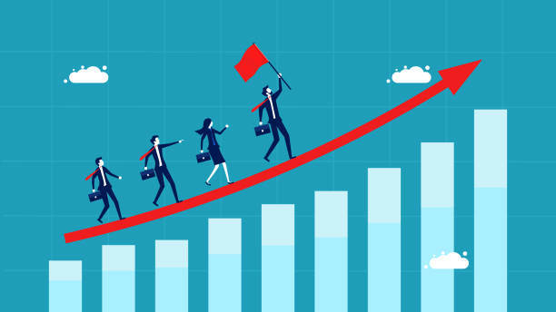 istock Successful business mission. Businessman team members walk on growth arrows 1420662120