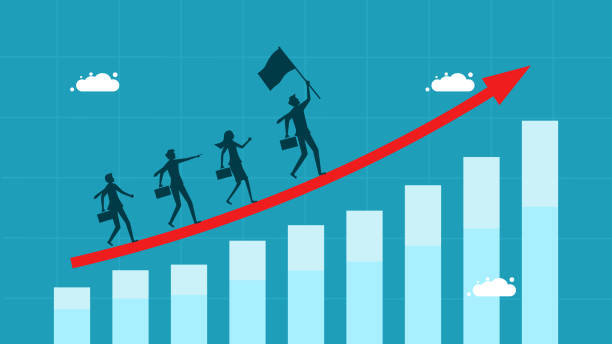 istock Successful business mission. Businessman team members walk on growth arrow 1420662672