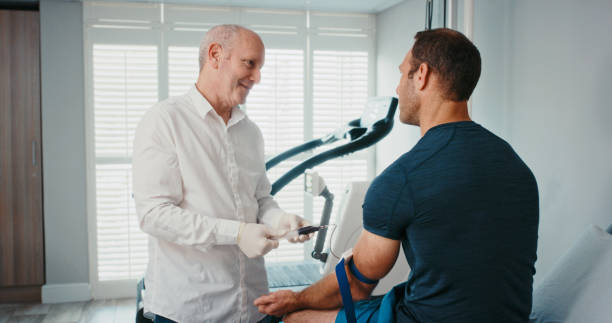 sports doctor, fitness man or blood test doping in wellness clinic, health or consulting room. healthcare professional in medical science research for athlete patient for workout or exercise training - doping imagens e fotografias de stock