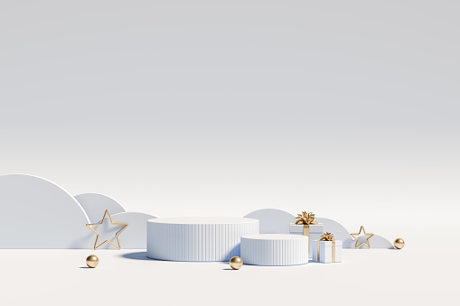 Christmas podium for branding and packaging presentation. Product display with gift boxes, christmas tree and snow. Christmas showcase. Cosmetic and fashion. 3d illustration. 3d render.