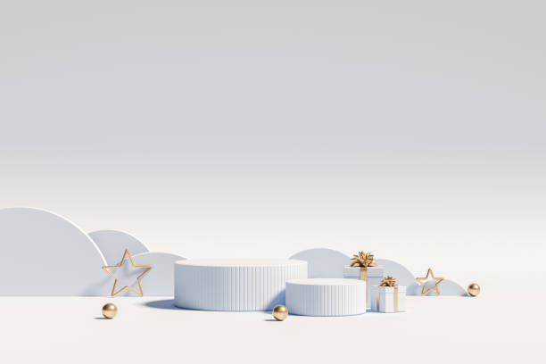 christmas podium for branding and packaging presentation. product display with gift boxes, christmas tree and snow. christmas showcase. cosmetic and fashion. 3d illustration. 3d render. - gift gold box white imagens e fotografias de stock