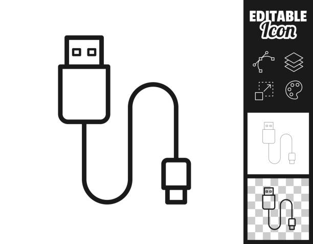 ilustraciones, imágenes clip art, dibujos animados e iconos de stock de cable usb. icono para el diseño. fácilmente editable - usb cable cable black isolated