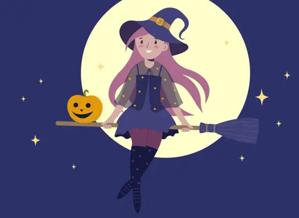 Vector illustration of Halloween. Little witch flying on a broomstick against a dark sky and a big moon. Illustration for children