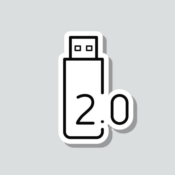 ilustraciones, imágenes clip art, dibujos animados e iconos de stock de unidad flash usb 2.0. pegatina de icono sobre fondo gris - usb 2 0