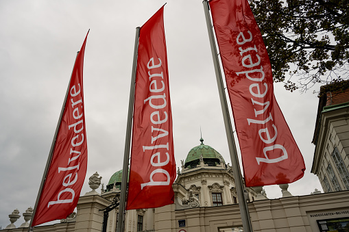 Vienna, Austria - August 6 2022: Belvedere Museum Flags with Logo
