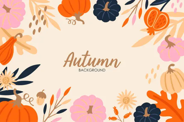 Vector illustration of Autumn frame border banner design with pumpkin; leaves and berries. Childish print for cards, poster and background. Vector Illustration