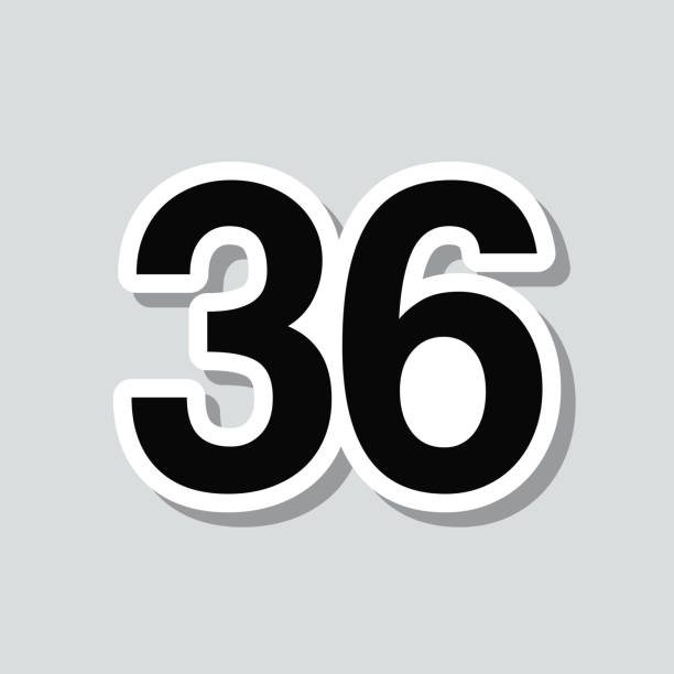 36 - Number Thirty-six. Icon sticker on gray background Icon of "36 - Number Thirty-six" on a sticker with a drop shadow isolated on a blank background. Trendy illustration in a flat design style. Vector Illustration (EPS file, well layered and grouped). Easy to edit, manipulate, resize or colorize. Vector and Jpeg file of different sizes. number 36 stock illustrations