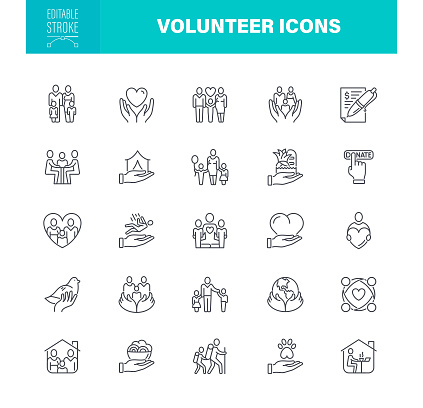 Donations and Charity Icon Set. Editable stroke. The set contains icons as Help, Donation Box, Volunteer, Toys Giveaway