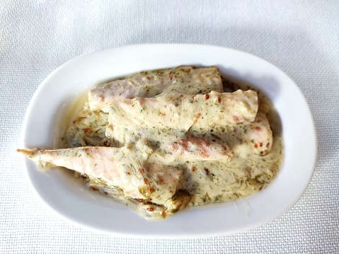 Mackerel dish with mustard sauce as appetizer meze serving at Istanbul turkey