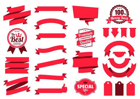 Set of red ribbons, banners, badges and labels, isolated on a blank background. Elements for your design, with space for your text. Vector Illustration (EPS10, well layered and grouped). Easy to edit, manipulate, resize or colorize.