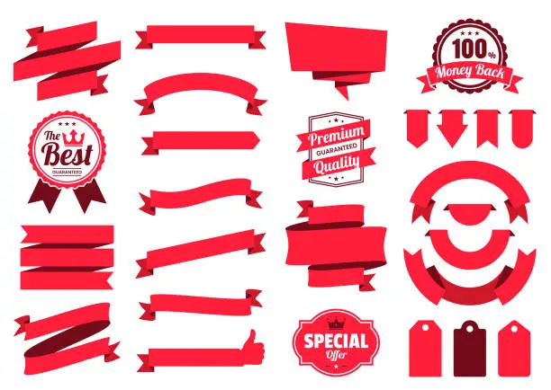 Vector illustration of Set of Red Ribbons, Banners, badges, Labels - Design Elements on white background