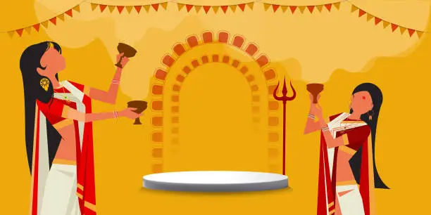 Vector illustration of Devotees performing the traditional 'dhunuchi dance' which was organised at a Durga Puja Pandal - product podium