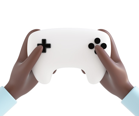 3D black hands with white gamepad isolated on white