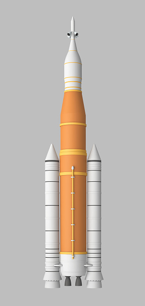 Orange rocket for missions to Moon isolated on gray background. 3D rendering witn clipping path