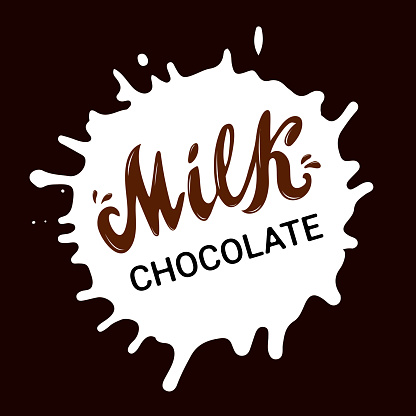 Milk chocolate logo icon. Hand lettering. Vector volume brown letters inside a milk drop on the dark brown background. Illustration for chocolate packaging product banner poster printing sticker brand