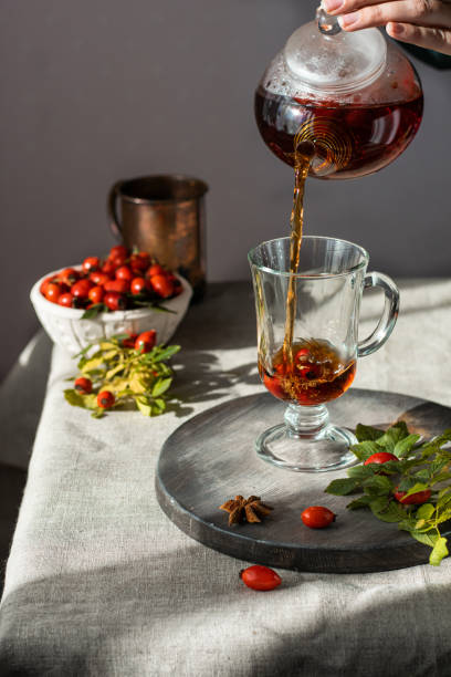 istock female hand pours hot herbal tea into a glass mug. Vertical 1420678297