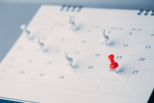 istock Embroidered red pins on a calendar event Planner calendar,clock to set timetable organize schedule,planning for business meeting or travel planning concept. 1420678573