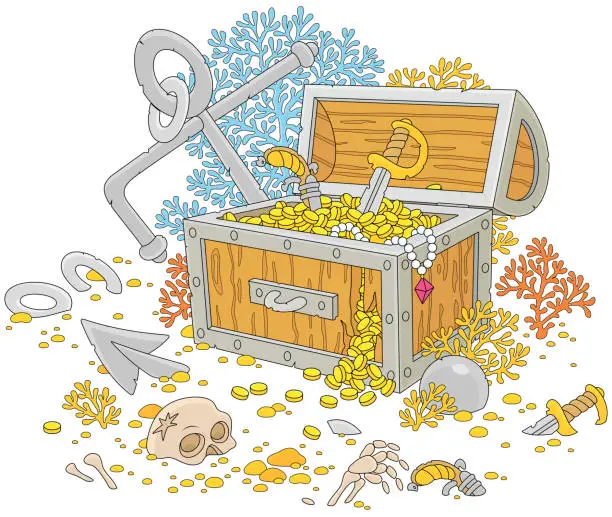 Vector illustration of Treasure chest and an old anchor from a sunken pirate ship among tropical corals on a seabed